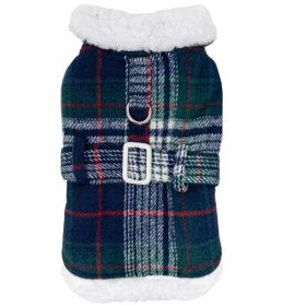 Sherpa-Lined Dog Harness Coat (Color: Blue & Green Plaid, size: X-Small)